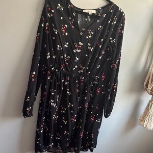 LOFT Black Floral Button-Front Tie-Waist Long Sleeve Dress